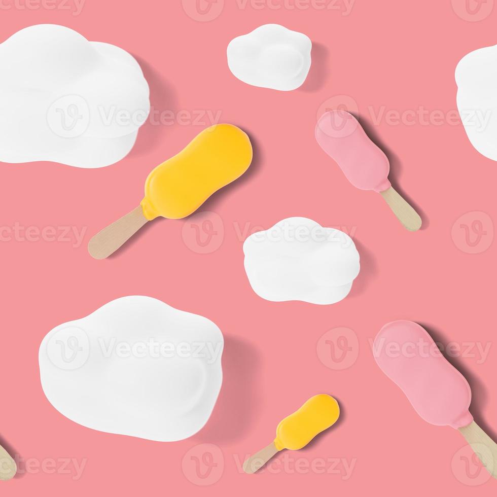 patrón sin costuras con nubes y helado sobre fondo rosa. fondo colorido de verano, textura. vista superior. diseño llamativo. representación 3d foto