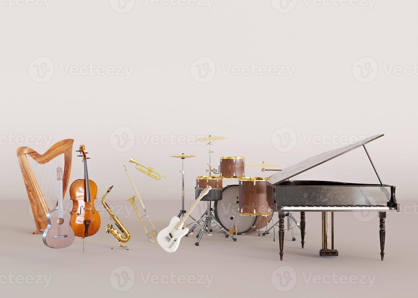 diferentes instrumentos musicales sobre fondo beige. copiar espacio para texto, publicidad, logotipo. piano, guitarra, saxofón, batería. concepto de escuela de música. educación musical. representación 3d foto