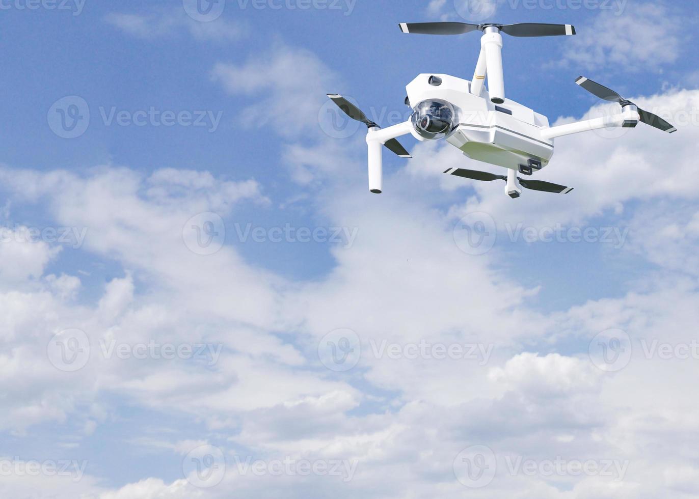 The high-tech drone flying in the sky. Drone with professional camera takes pictures. Copter with high resolution digital camera. Modern technology. 3d rendering. photo