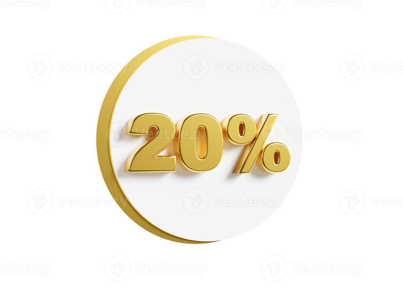 Golden 20 percent discount sign isolated on white background. Sale, special offer, good price, deal, shopping. Cut out design element. Sale up to 20 percent off. 3D rendering. photo