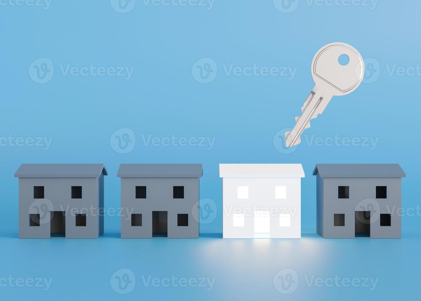 Houses and key on blue background. Buy a house. Concept for new property, mortgage and real estate investment. Homes for sale. Copy space for your text or logo, modern layout. 3d rendering. photo