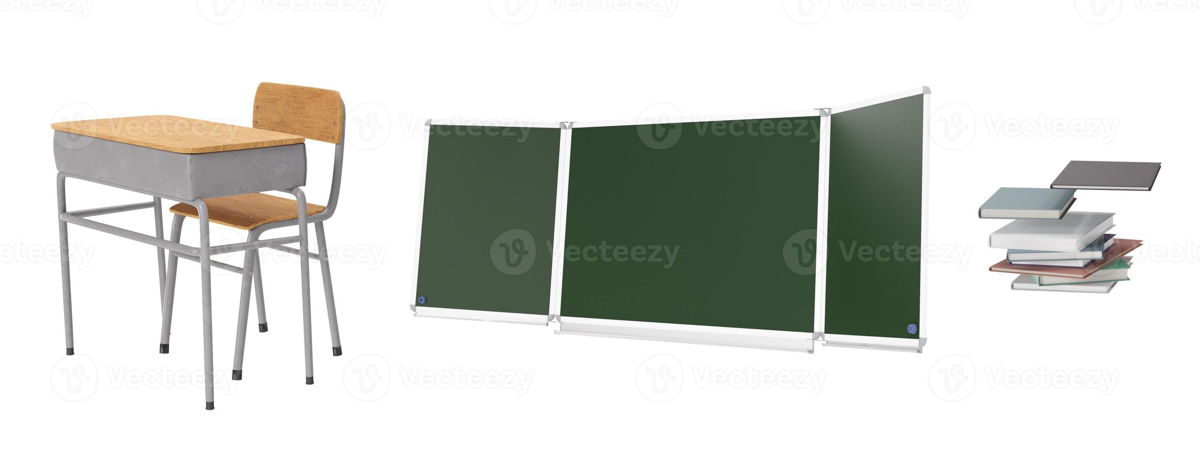 School desk with chair, green school board and some books isolated on white background. Cut out. 3D rendering. photo