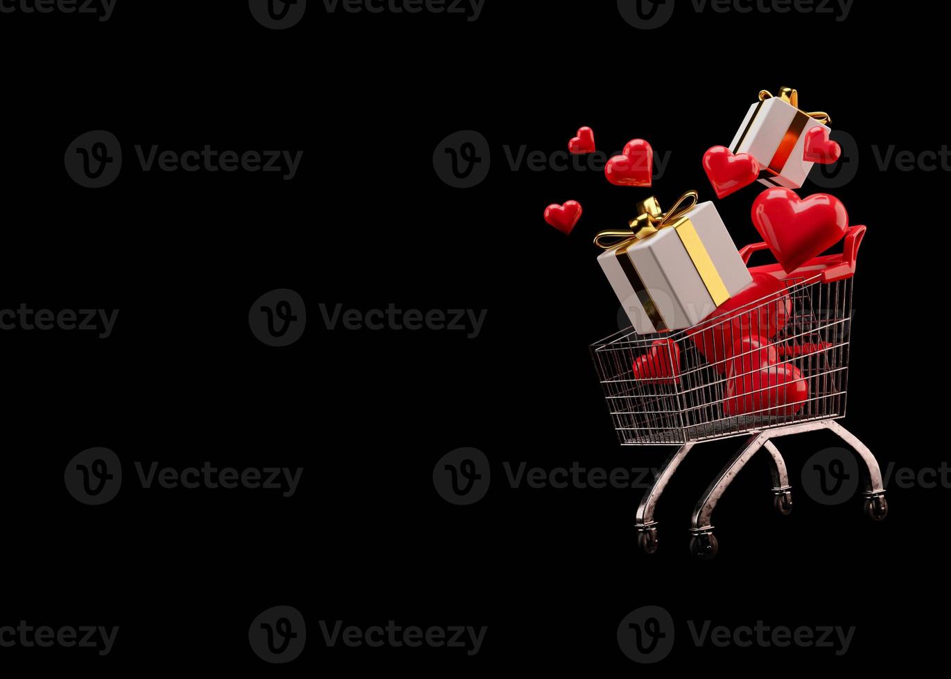 Shopping cart, trolley with gift boxes and red hearts on black background with free space for text, copy space. Valentine's Day, sale. 3D illustration. photo