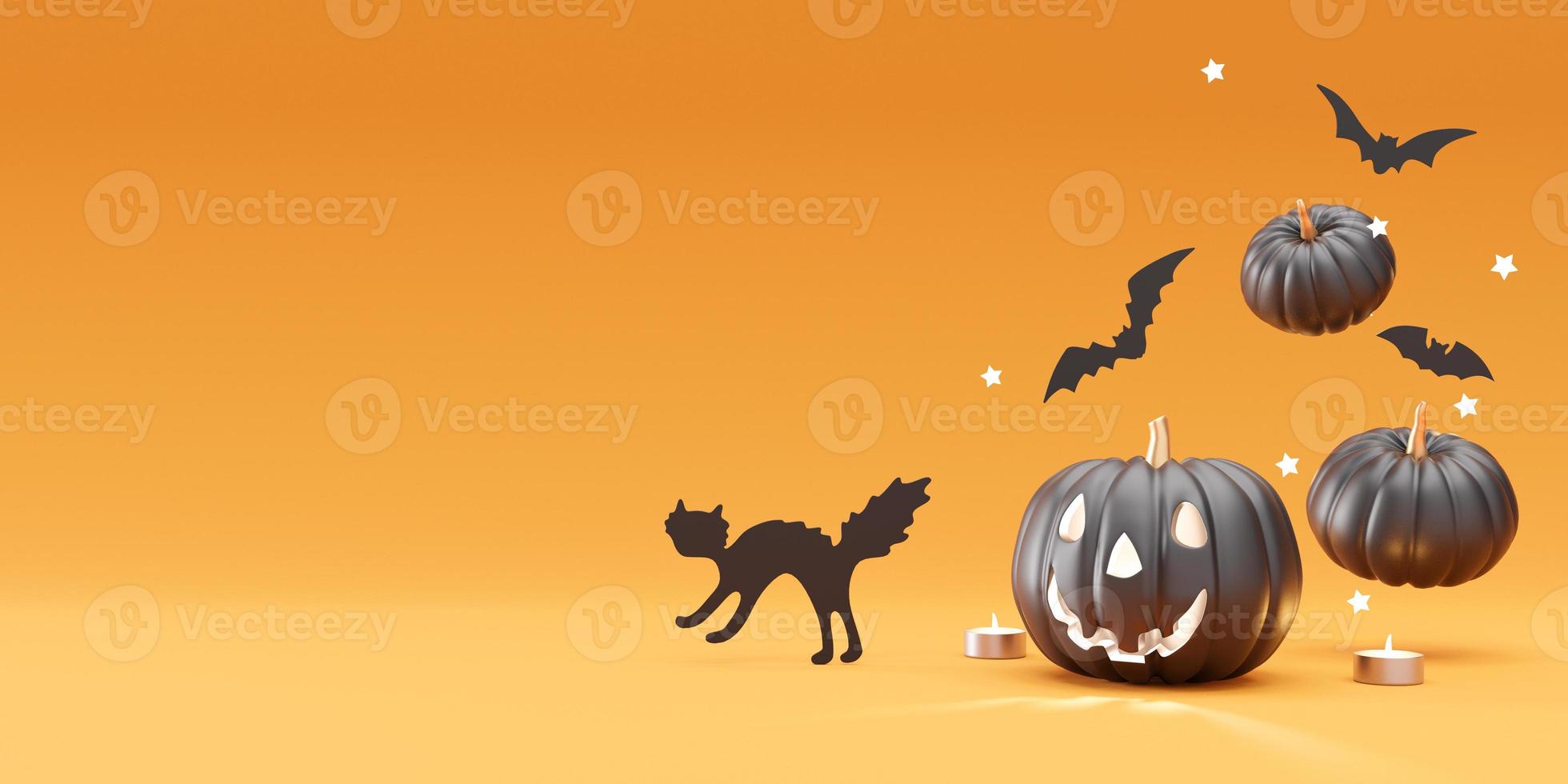 Halloween decoration on orange background. Free, copy space for your text or logo. Halloween banner, mock up design, template for advertising. Black pumpkin, bat, cat, candles. 3D rendering. photo