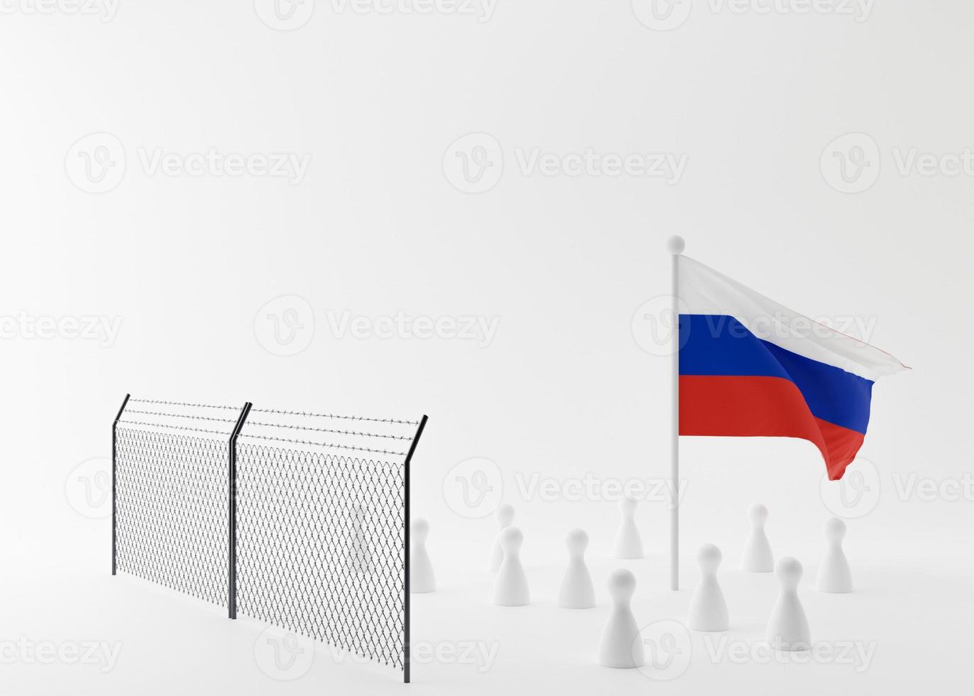 Russian flag and people figures behind barbed fence. Russia's isolation from the rest of the world, sanctions. Russian Ukrainian conflict. Stop war, occupation. Free, copy space for text. 3D rendering photo