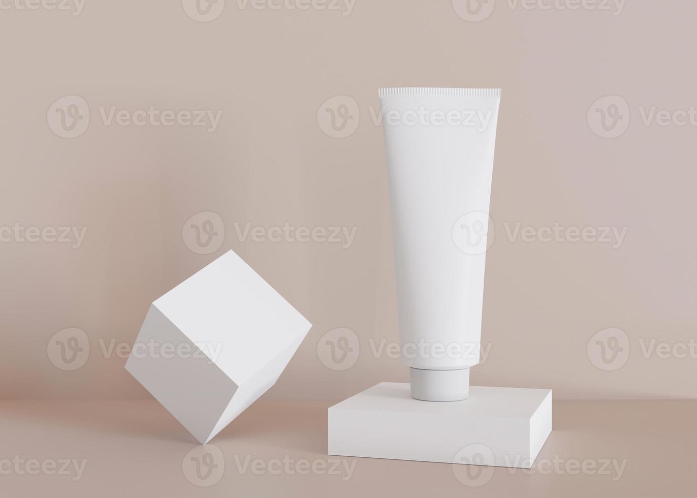White and blank, unbranded cosmetic cream tube with simple geometric forms. Skin care product presentation on cream background. Modern mockup. Tube with copy space. 3D rendering. photo