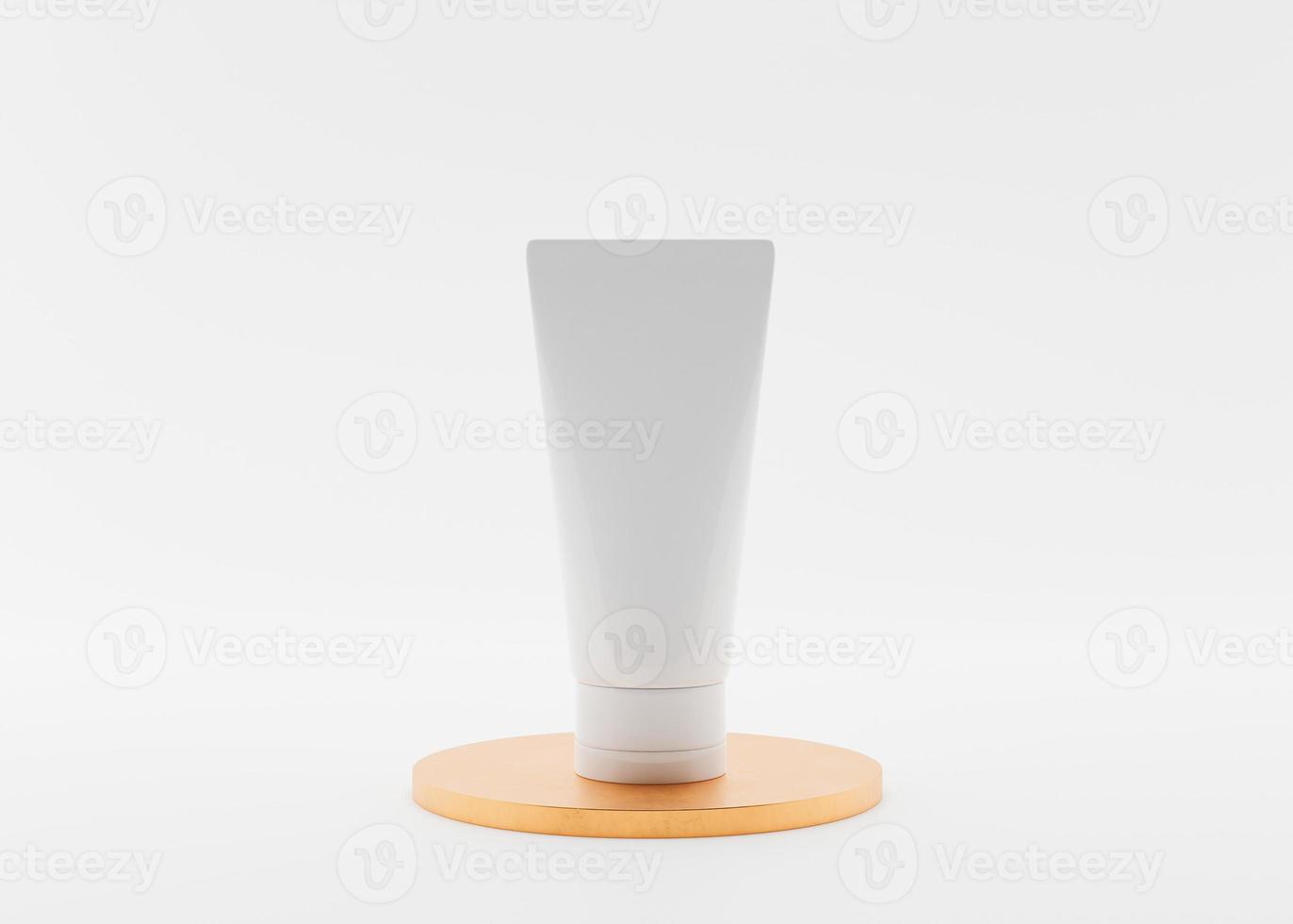 tubo de crema cosmética blanco y en blanco, sin marca, sobre un podio dorado. presentación de productos para el cuidado de la piel sobre fondo blanco. maqueta elegante. cuidado de la piel, belleza y spa. representación 3d foto