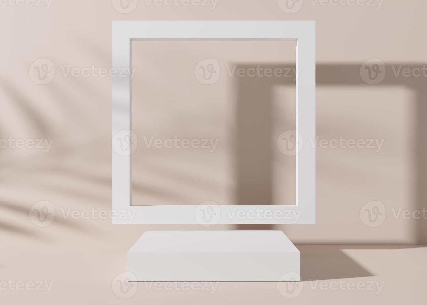 Podium on light cream background, with palm leaves shadows. Podium for product, cosmetic presentation. Mock up. Pedestal or platform for beauty products. Empty scene. 3D rendering. photo