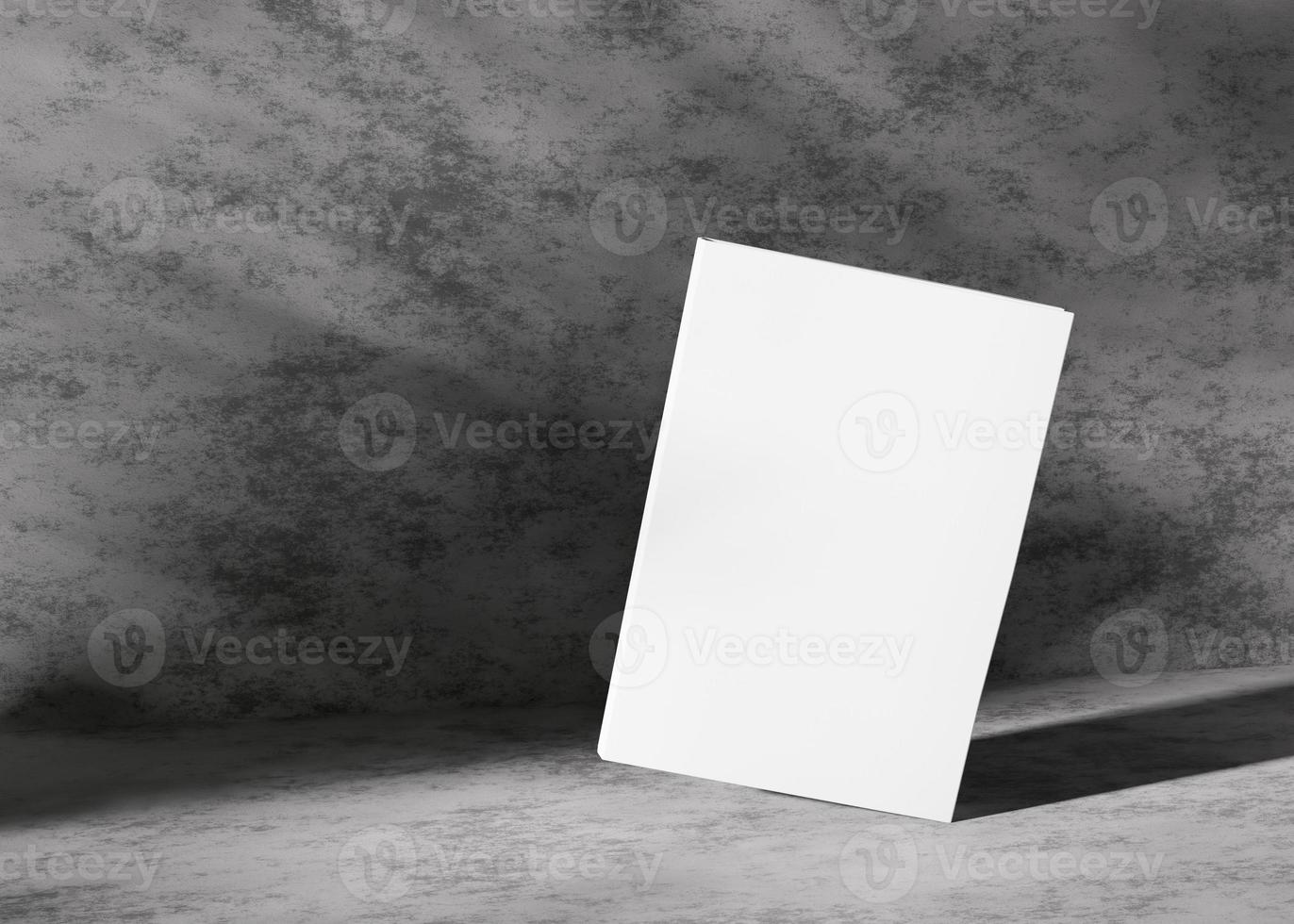 White book cover mock up. Blank template for your design. Close-up view. Book cover presentation with concrete background, shadows of plants. A4 size. 3D rendering. photo