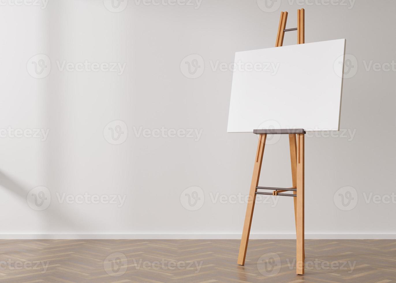 Empty horizontal canvas on wooden easel standing in room. Free, copy space for your picture. Artwork presentation. Canvas mock up. 3D rendering. photo