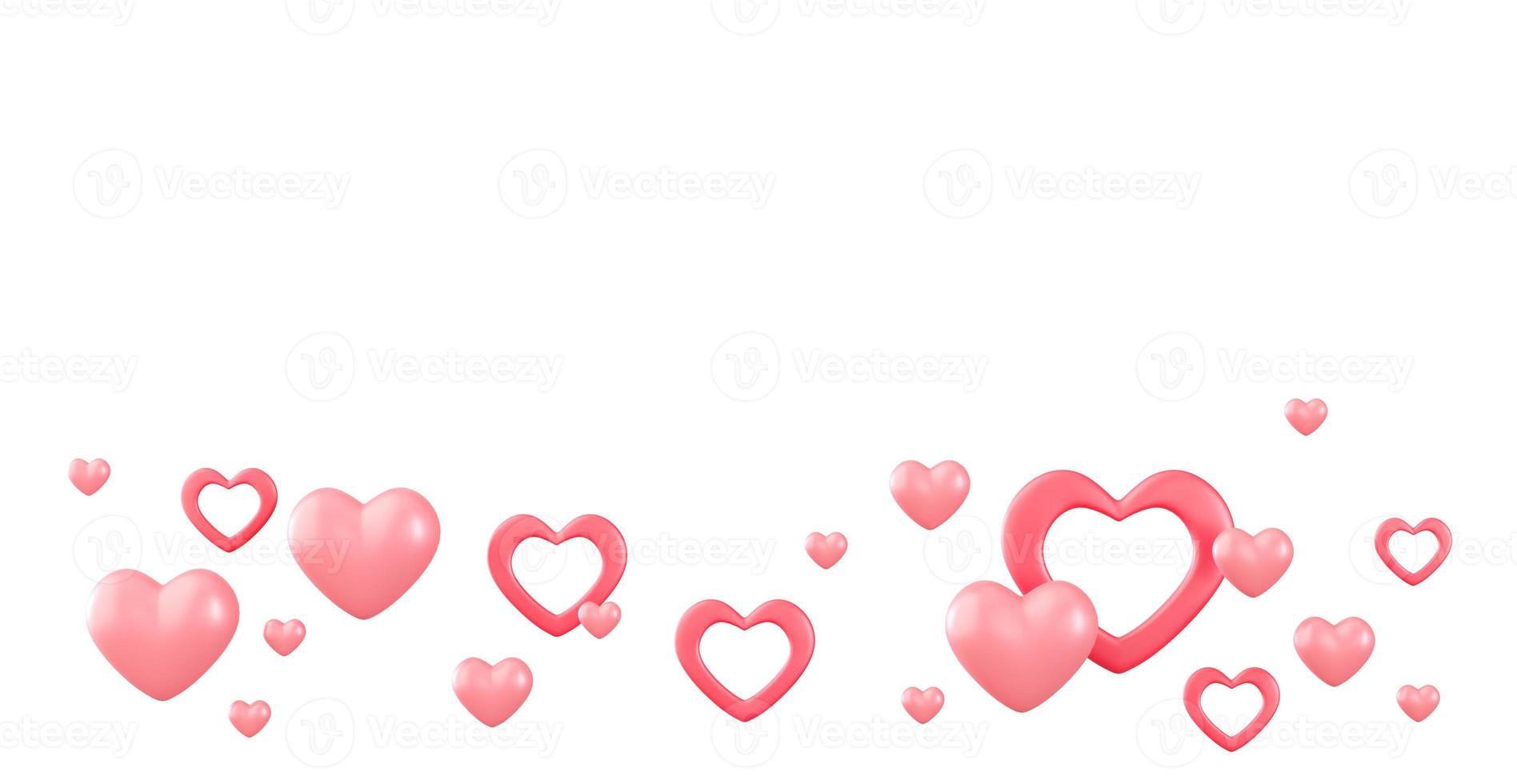 Pink hearts isolated on white background. Valentine's Day, Wedding, Anniversary, Mother's Day. Cut out elements for greeting, event card. Lower frame, border. Celebration, love. 3D rendering. photo