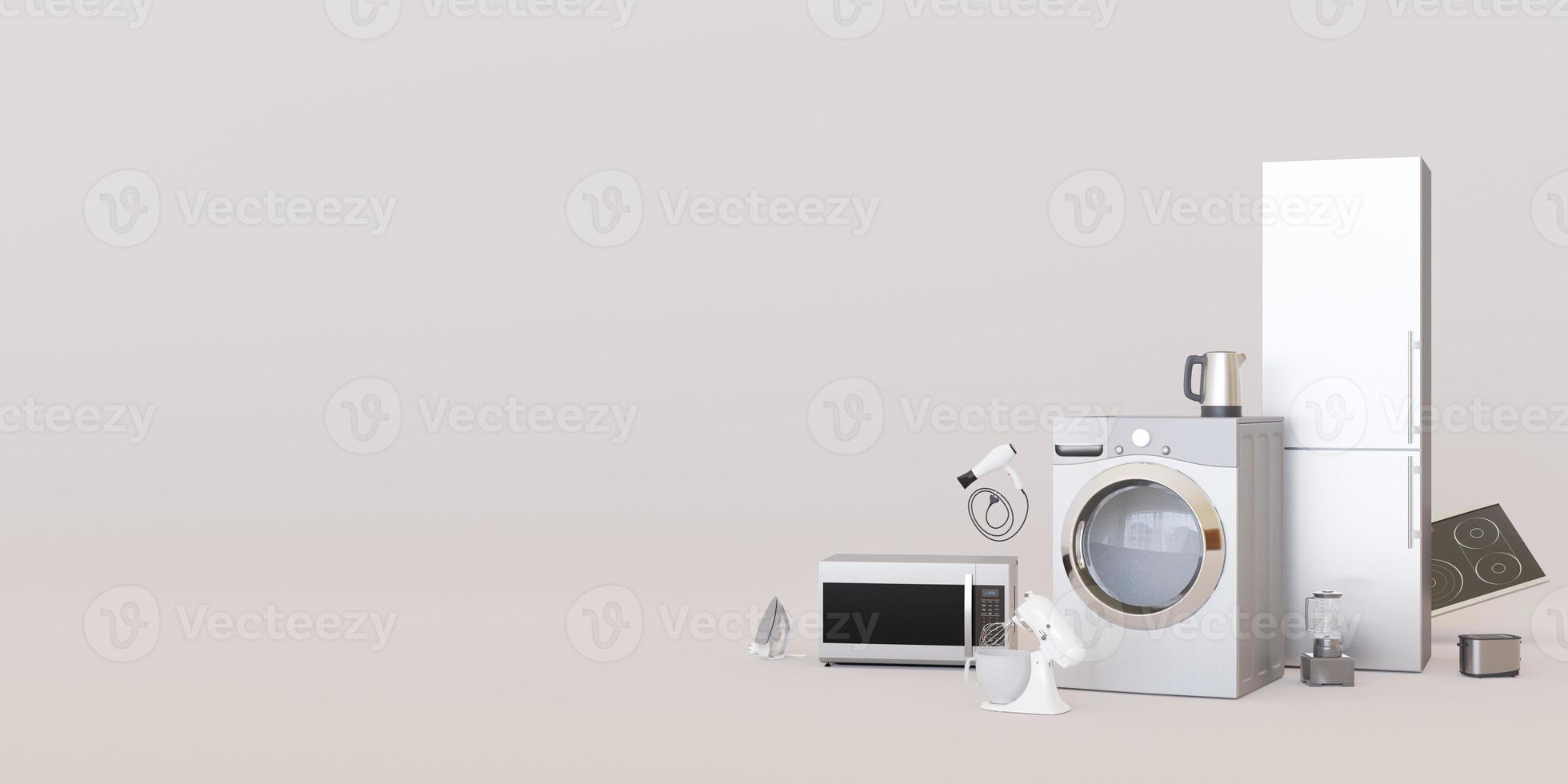 Different household appliances on grey background. Free, copy space for your text. Advertising template. Electronic household devices. House Equipment. 3d rendering. photo