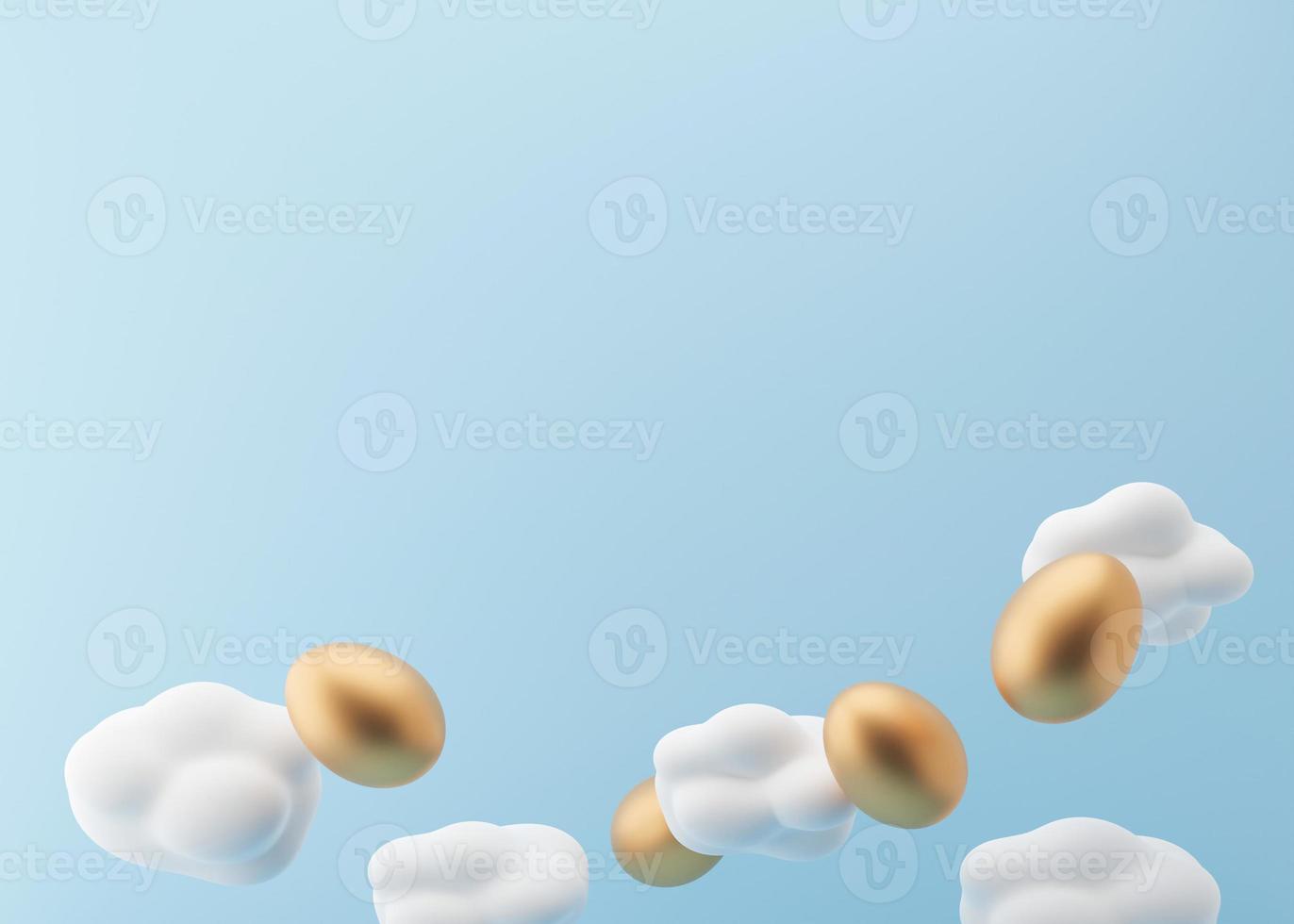 Golden Easter eggs and white clouds on light blue background. Easter backdrop with free space for text, copy space. Postcard, greeting card design template. 3D illustration. photo