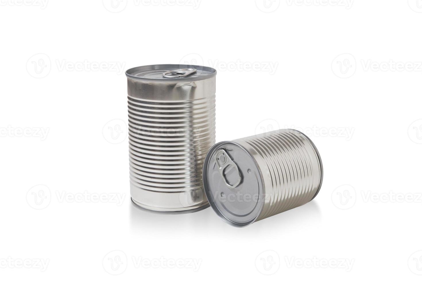 Two closed tin cans isolated on white background. Aluminum, canned food. photo