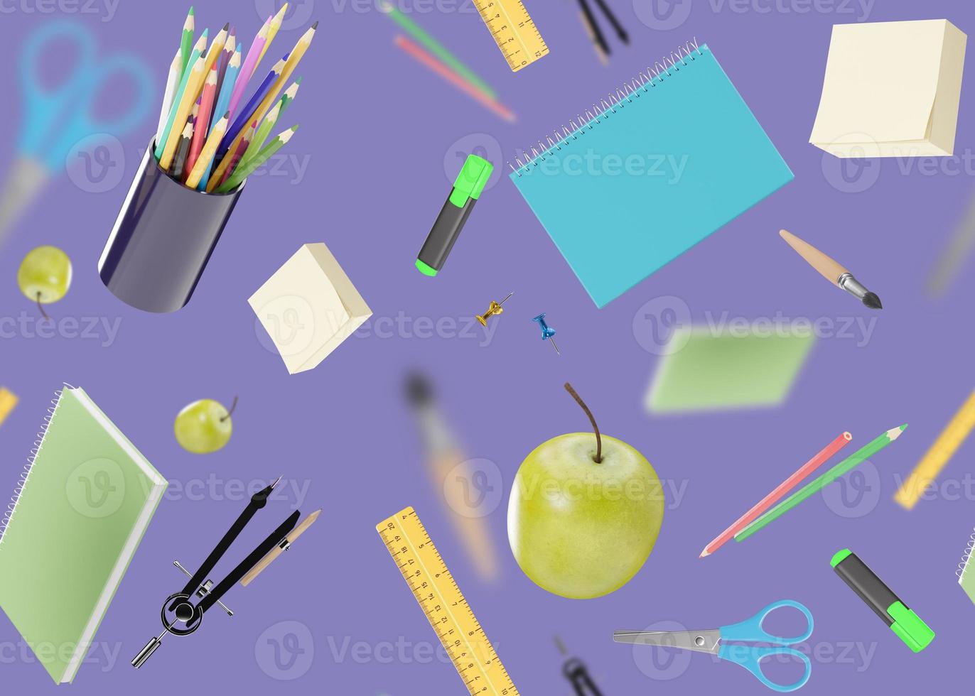 Seamless pattern with school stationery items on purple background. Colorful background with school supplies, texture. Eye-catching design. Pen, pencils, scissors, notebook, ruler, apple. 3D rendering photo