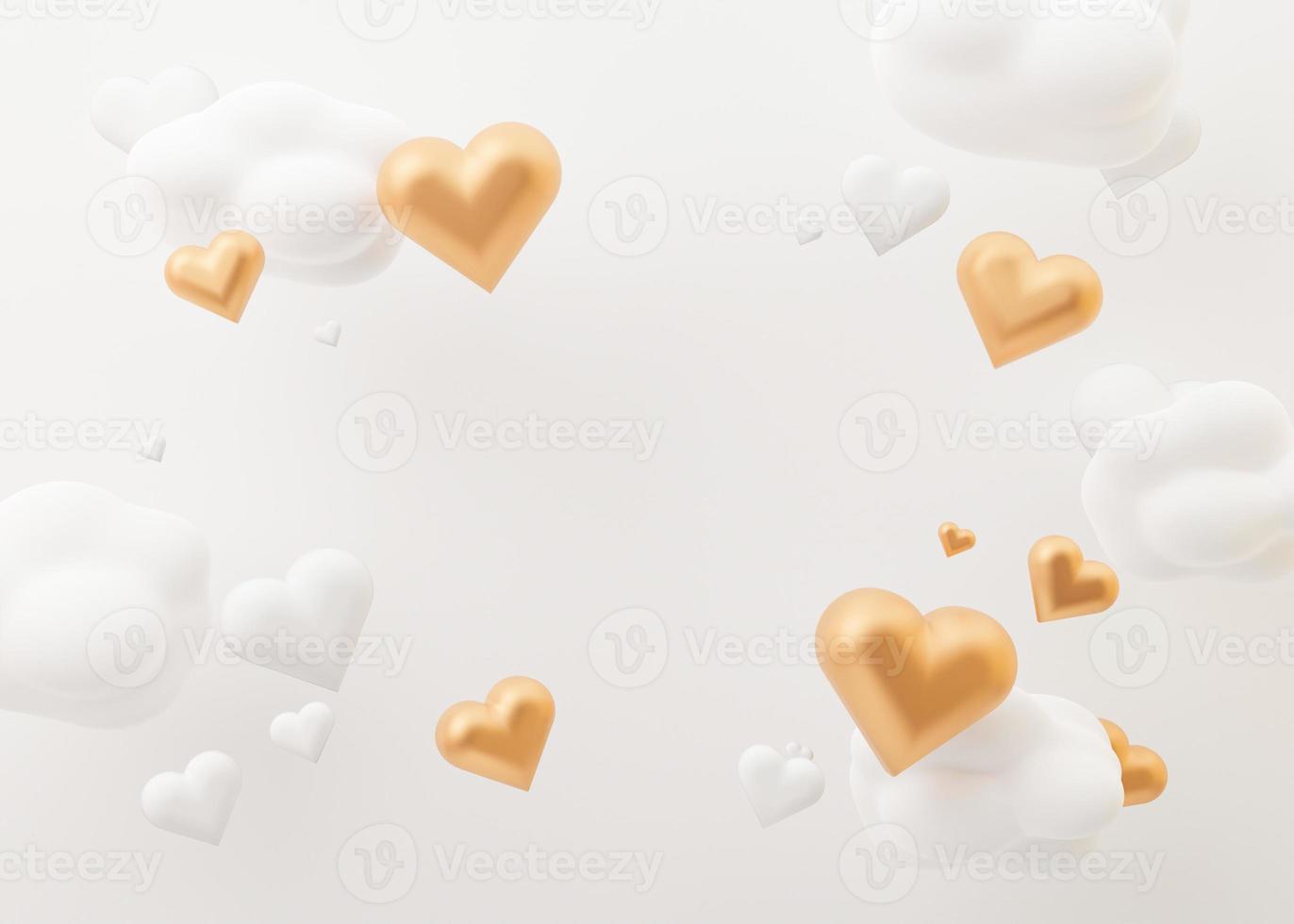 White and golden hearts and clouds. Valentine's Day background with free space for text, copy space. Postcard, greeting card design with hearts. 3D illustration. Love. photo