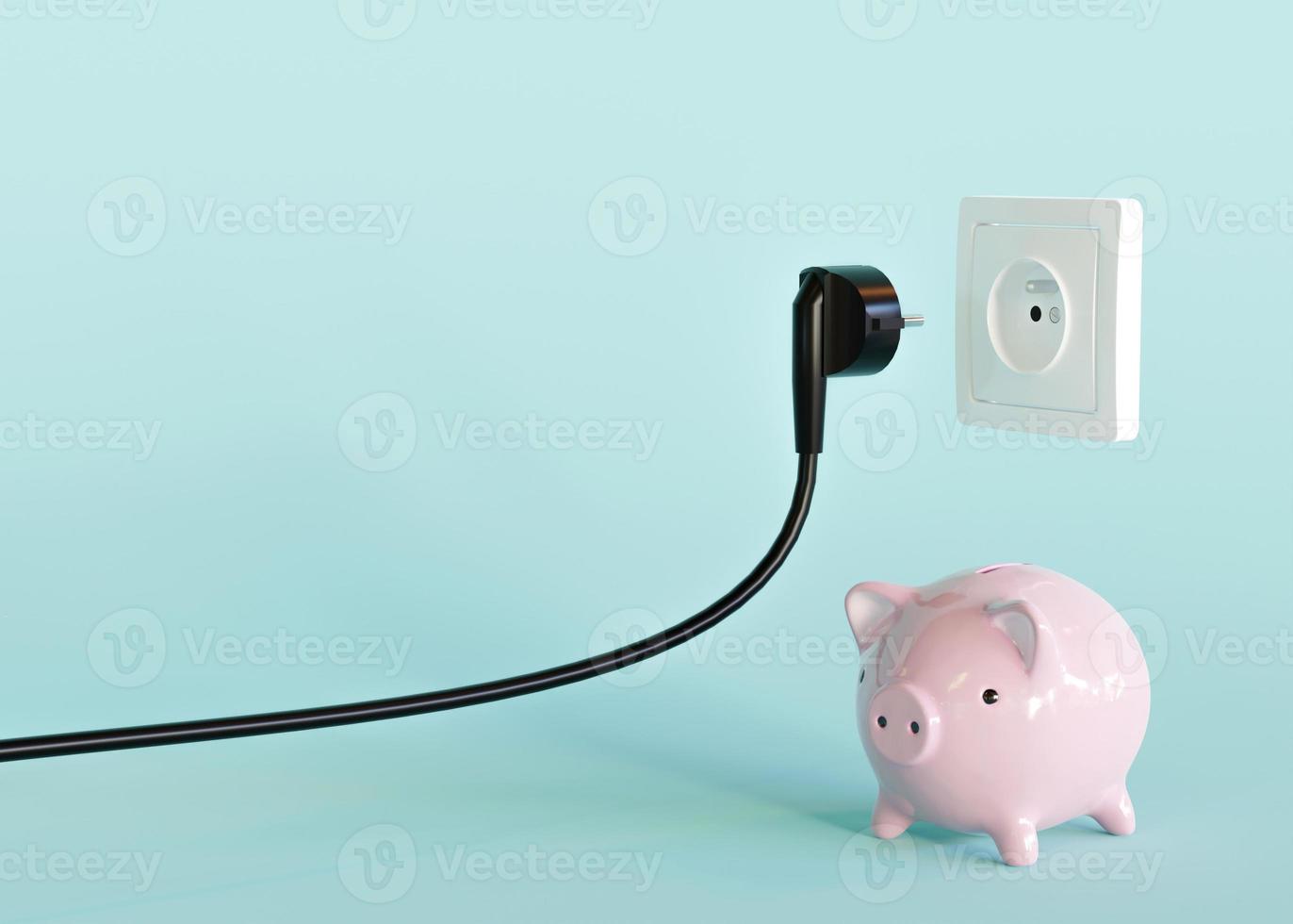 Black electrical plug, electric socket and piggy bank. Ready to connect. Free, copy space for your text, advertising. Save electricity, electricity is getting more expensive. 3d rendering. photo