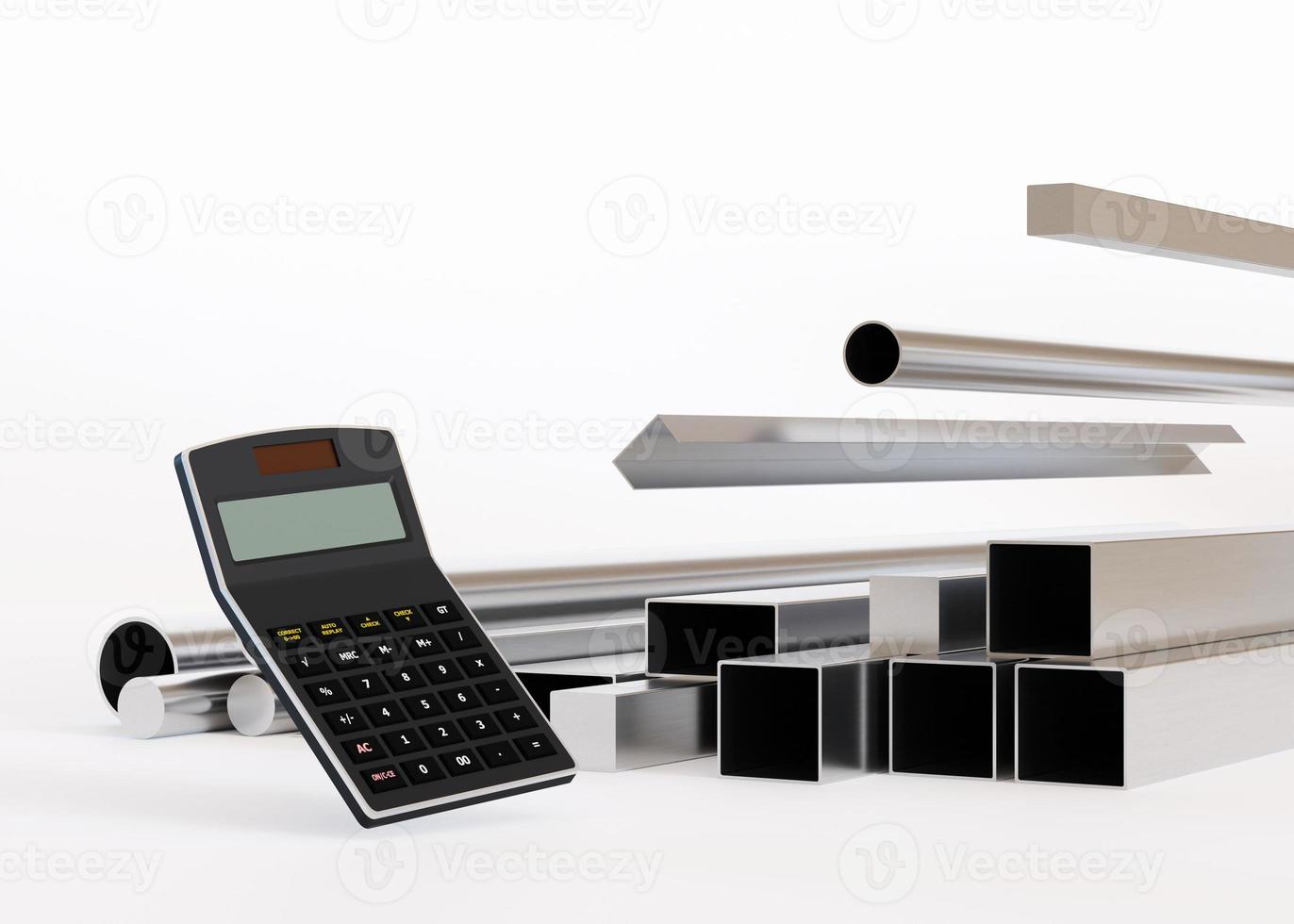 Metal products and calculator on white background. Stainless steel profiles, tubes in different designs for industry, construction. Metal price, steel getting expensive. Import problems. 3D render. photo
