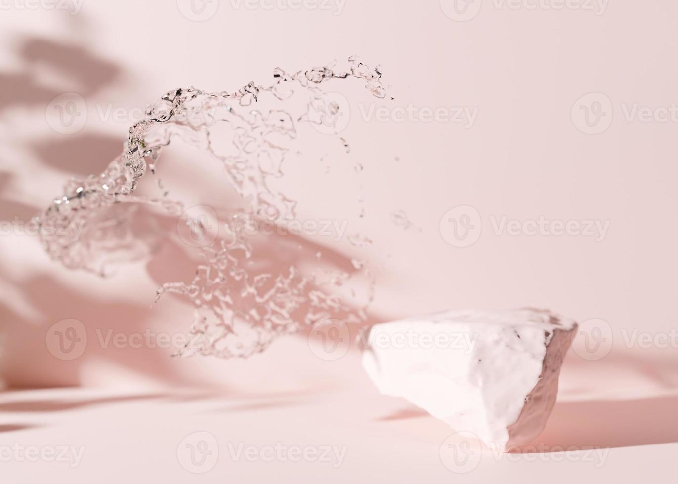 Pink stone with shadows of leaves and water splash on pink background. Mock up for product, cosmetic presentation. Pedestal or platform for beauty products. Empty scene. 3D rendering. photo