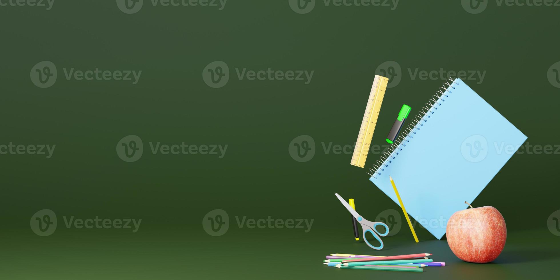 School stationery items on green background with free space for text. Creative, colourful background with school supplies. Banner with copy space. Ruler, pencil, scissors, apple. 3D rendering. photo