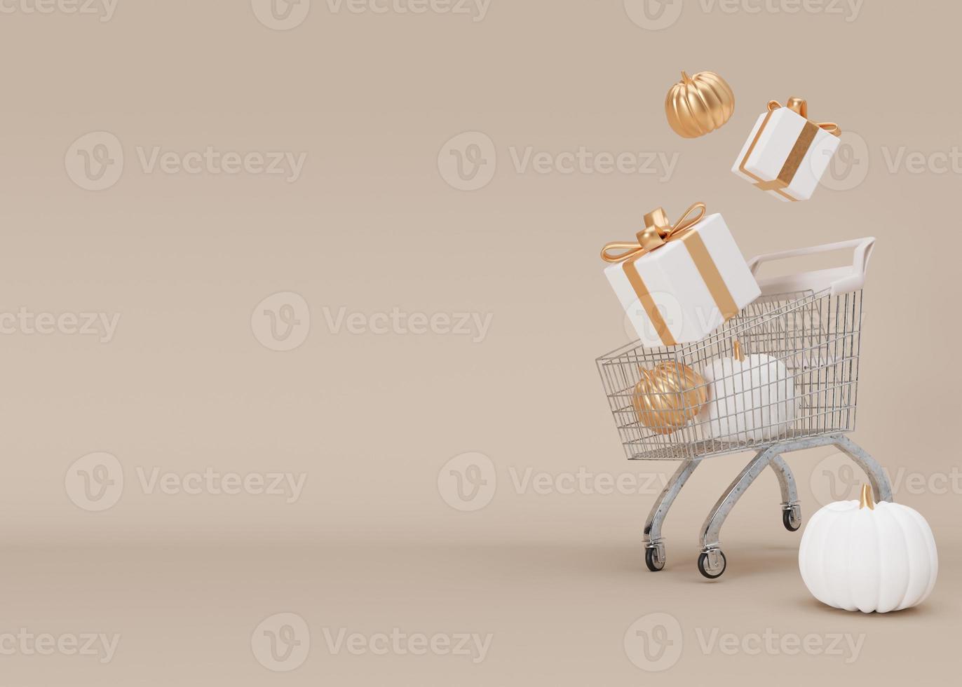 Shopping cart, trolley with gift boxes and Halloween decoration on beige background. Free space for text. Halloween shopping, sale. Banner, template, mock up with copy space. 3D rendering. photo
