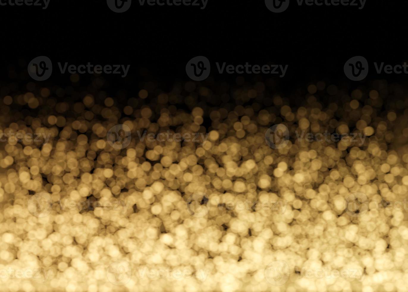 Golden bokeh lights on black background. Copy space for your text or logo. Abstract backdrop. Festive, celebration. Boke effect. Small out-of-focus light parts. Lower frame, border. 3D rendering. photo