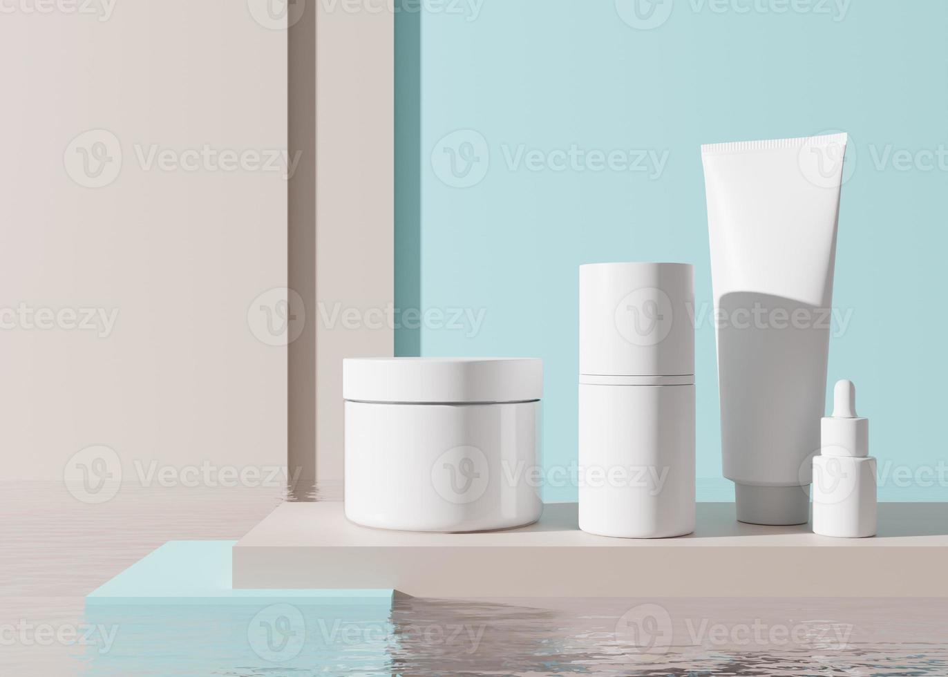 grupo de frascos y tubos de crema cosmética blancos y en blanco, sin marca, sobre fondo azul. presentación de productos para el cuidado de la piel. maqueta elegante. cuidado de la piel, belleza y spa. tarro, tubo con espacio de copia. representación 3d foto