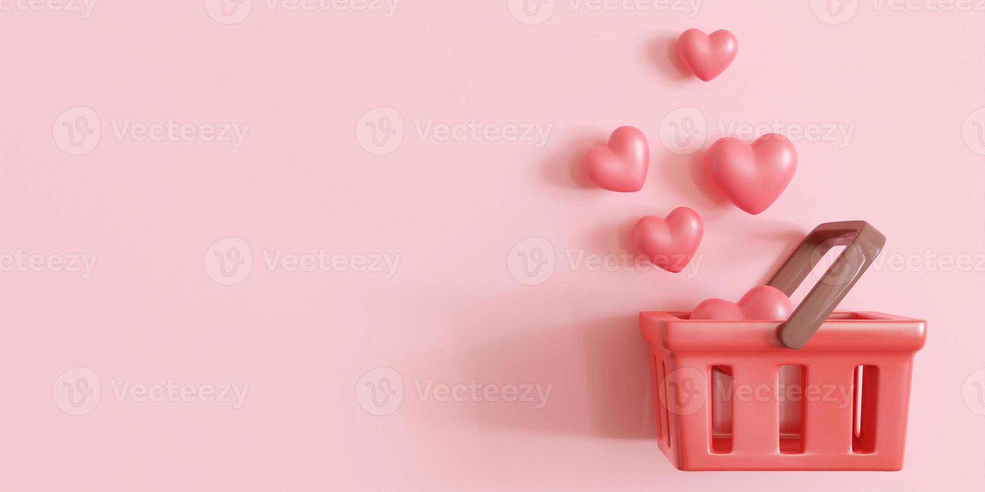 Shopping basket with hearts on pink background. Empty space for text, copy space. Valentine's Day, Mother's or Woman's Day shopping, sale. 3D illustration. photo