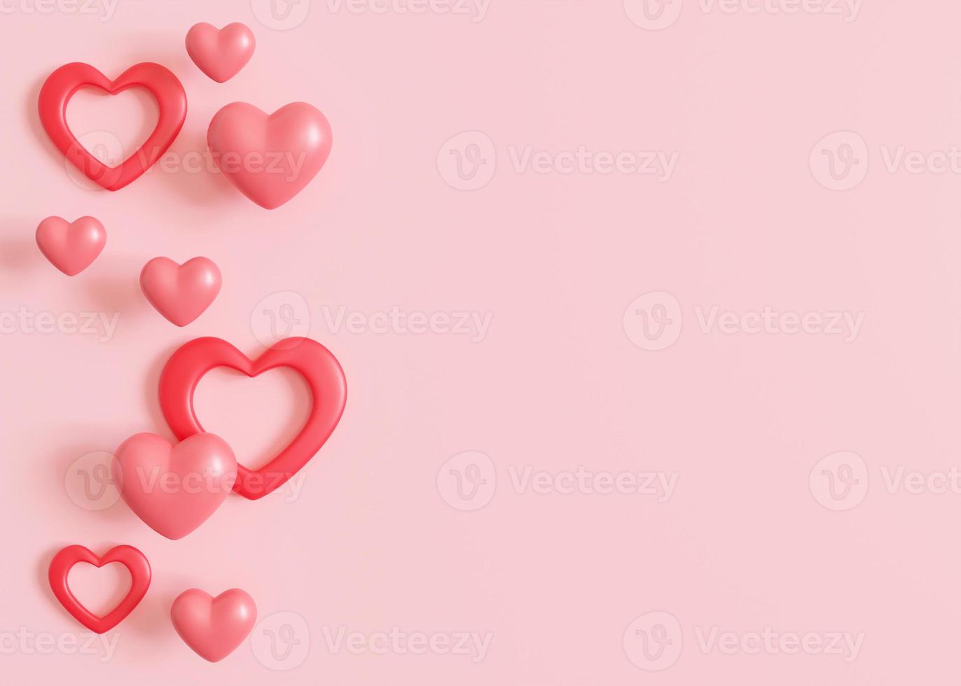 Pink background with hearts and copy space. Valentine's Day, Mother's Day, Wedding backdrop. Empty space for advertising text, invitation, logo. Postcard, greeting card design. Love symbol. 3D render. photo
