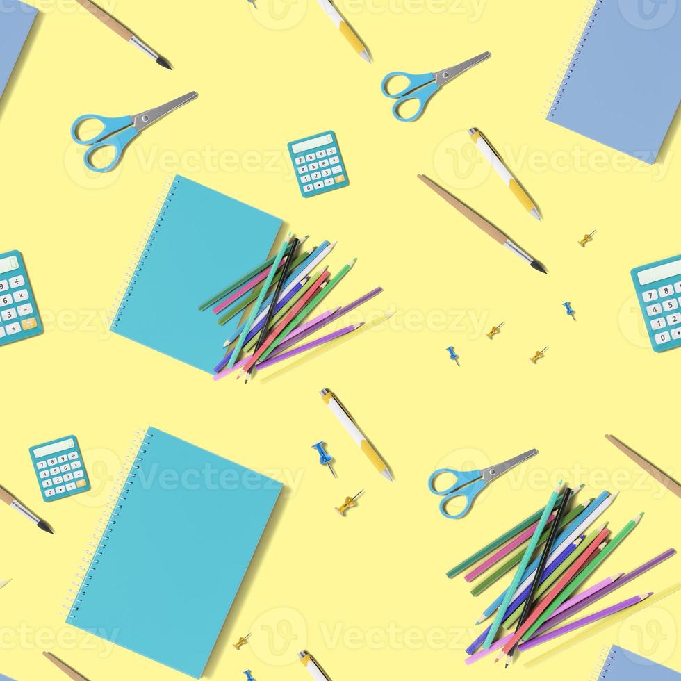 Seamless pattern with school stationery items on yellow background. Colorful background with school supplies, texture. Eye-catching design. Pen, pencils, calculator, scissors, notebook. 3D rendering. photo