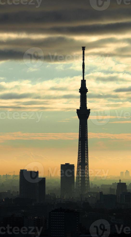 Tokyo Sky tree silhouette building and sunset with sky and clouds. photo