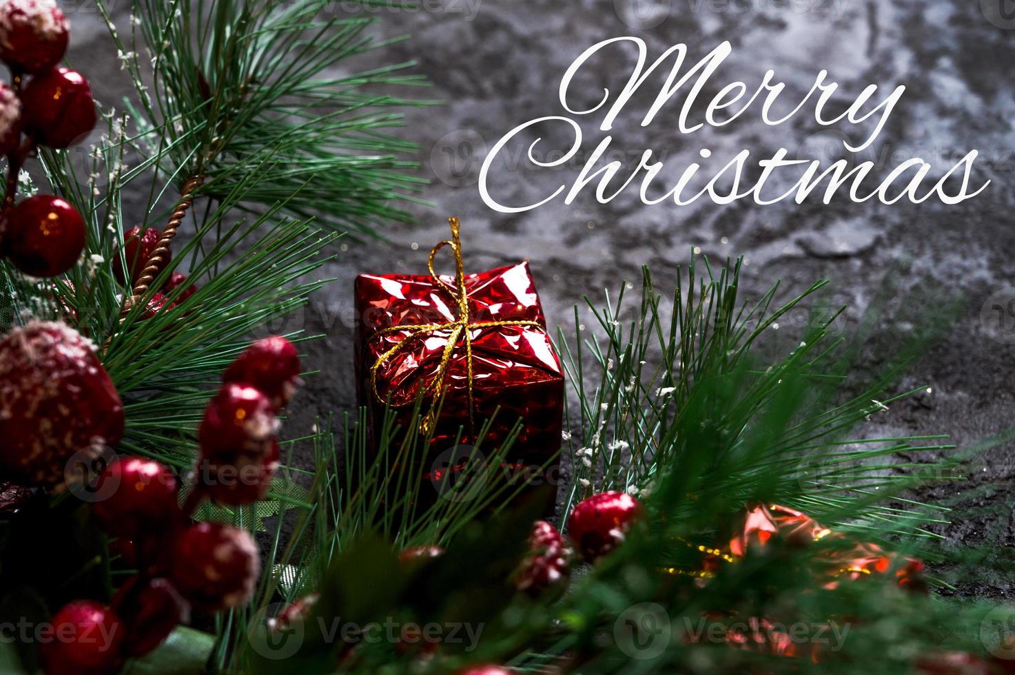 Winter holidays greeting card with Merry chirstmas text. photo