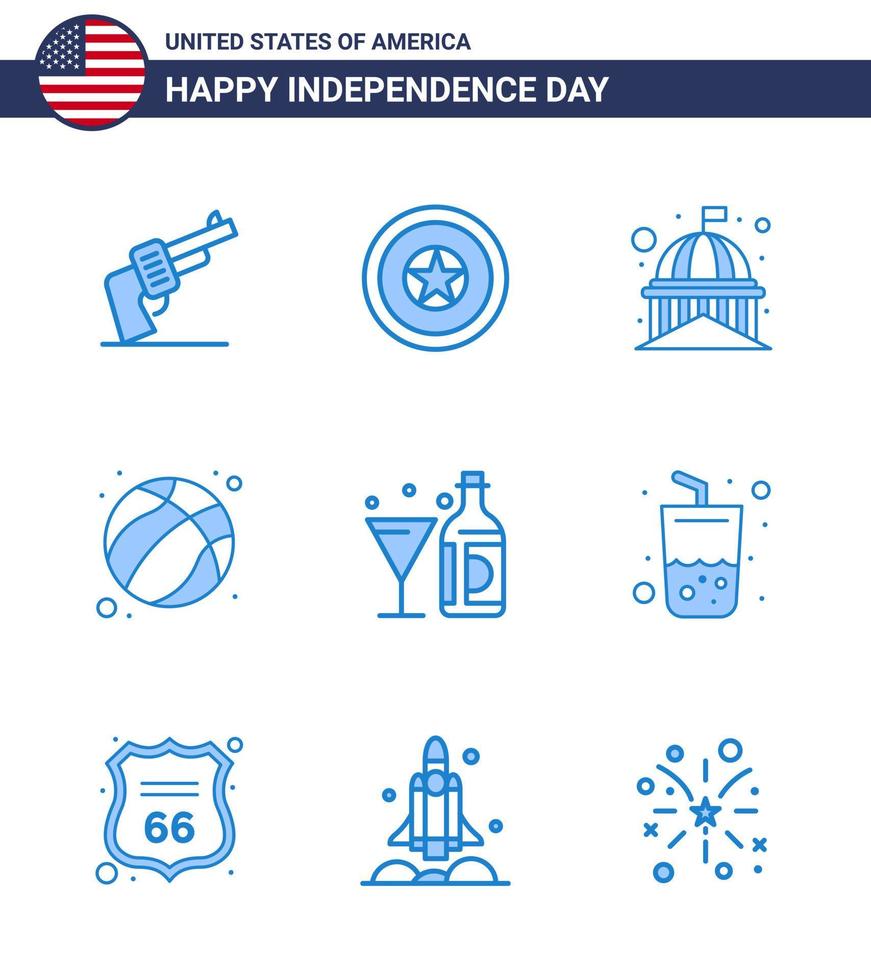 USA Independence Day Blue Set of 9 USA Pictograms of drink football building ball white Editable USA Day Vector Design Elements