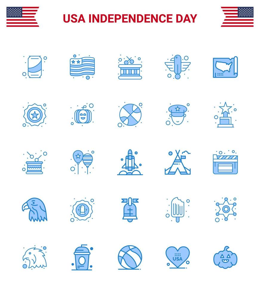 Happy Independence Day Pack of 25 Blues Signs and Symbols for united map instrument state bird Editable USA Day Vector Design Elements