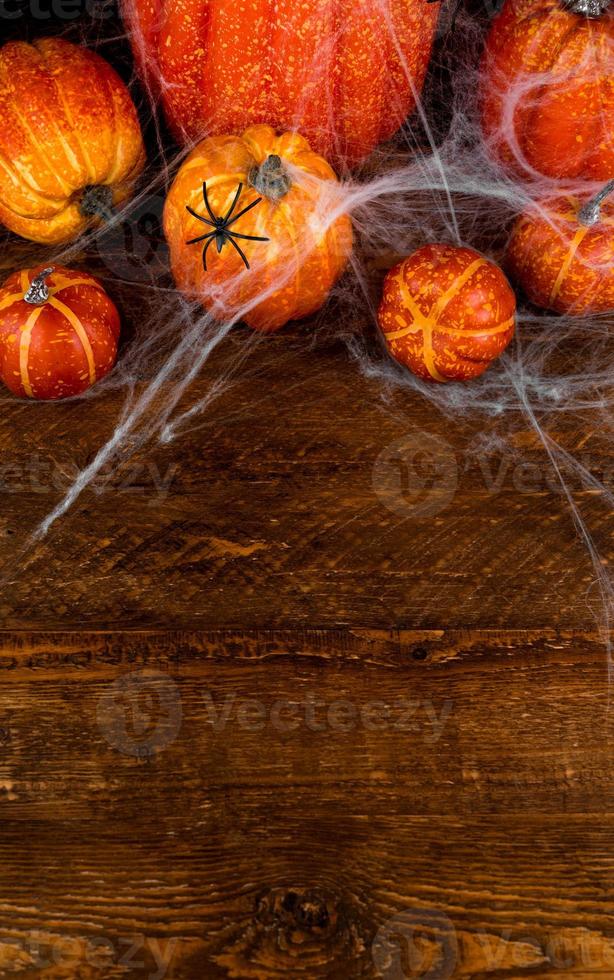 Top view on pile of pumpkins cover in web and spiders.Spooky halloween background.Vertical Flat lay on wooden background with place for text photo