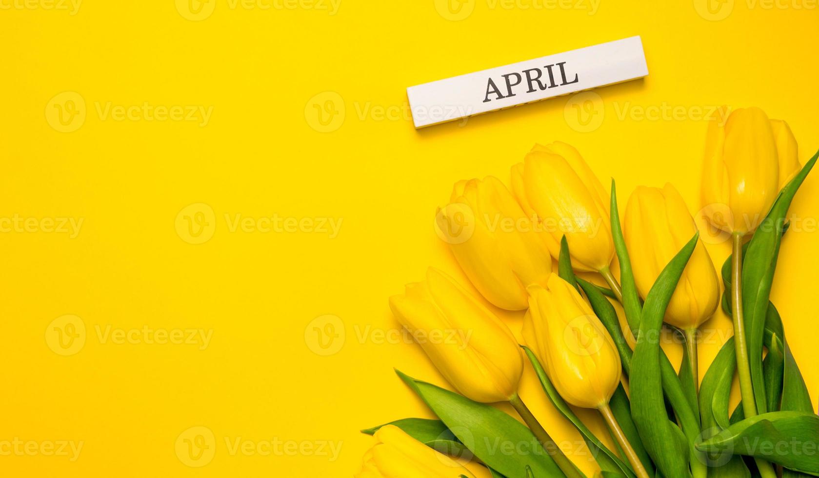 Easter card with tulips and april written on wooden block. Copyspace banner photo