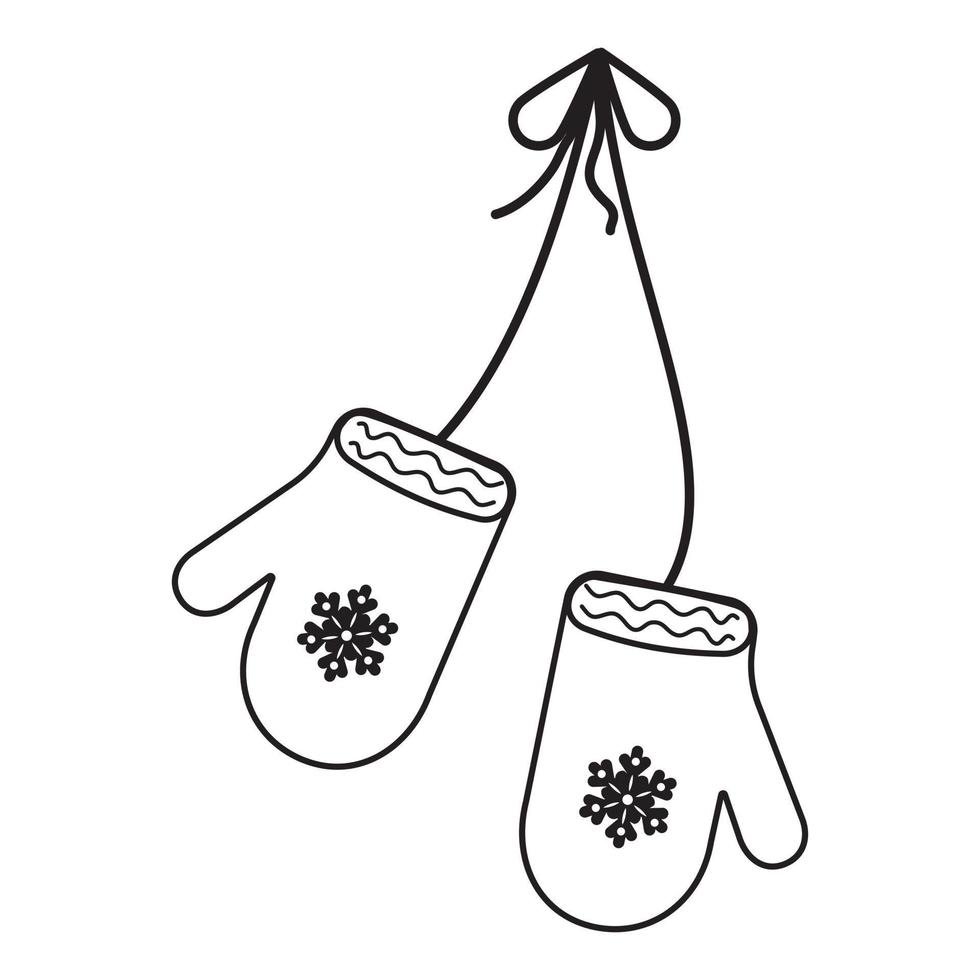 Winter mittens. A pair of knitted Christmas knobs, contour, doodle vector