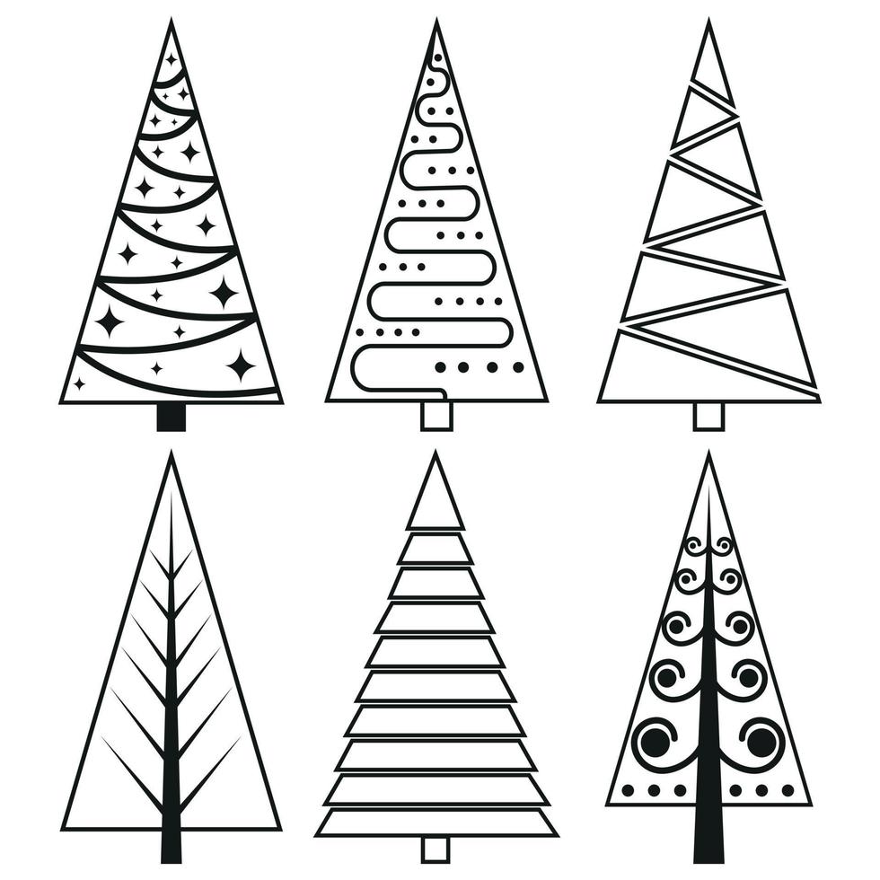 A set of Christmas trees in the doodle style, black outline. Isolated vector illustration.