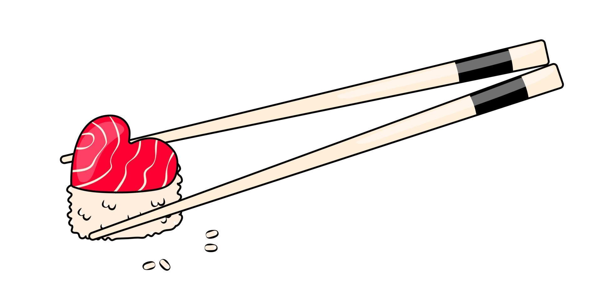 Chopsticks and Heart Shaped Sushi with Salmon for Valentines Day Asian Food vector