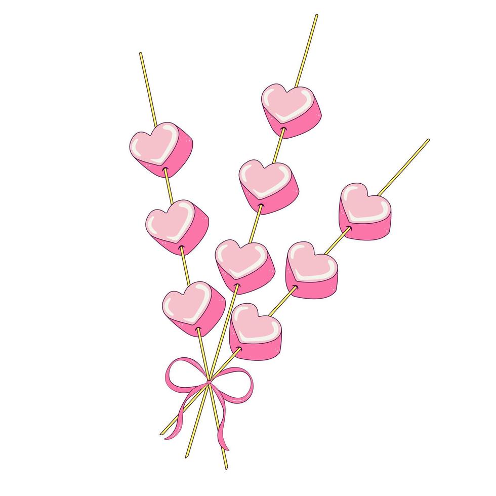 Bouquet Marshmallows in the shape of a Heart on a Stick with a Pink Ribbon and a Bow vector