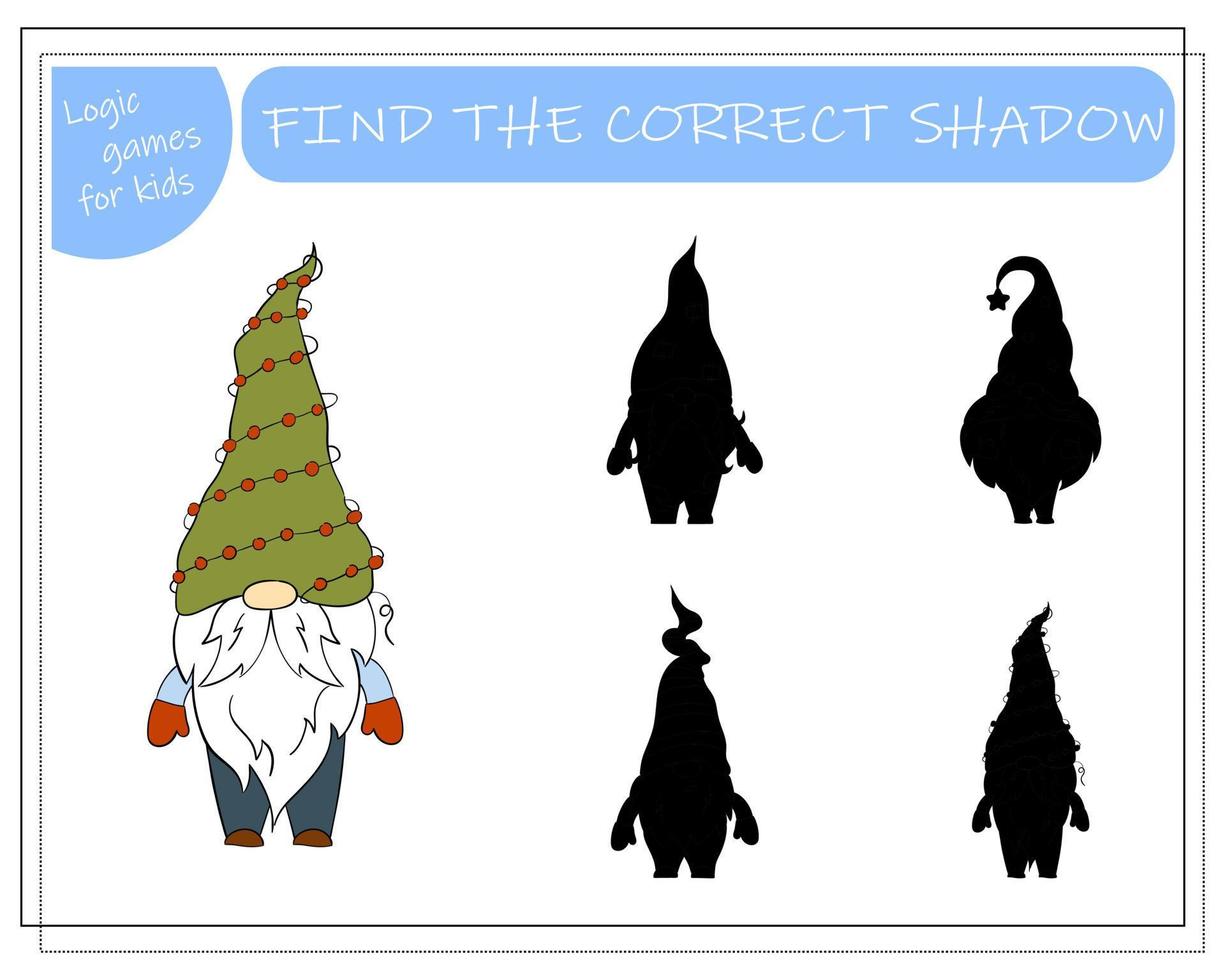 A puzzle game for kids, find the right shadow. Cartoon Christmas Gnome. vector