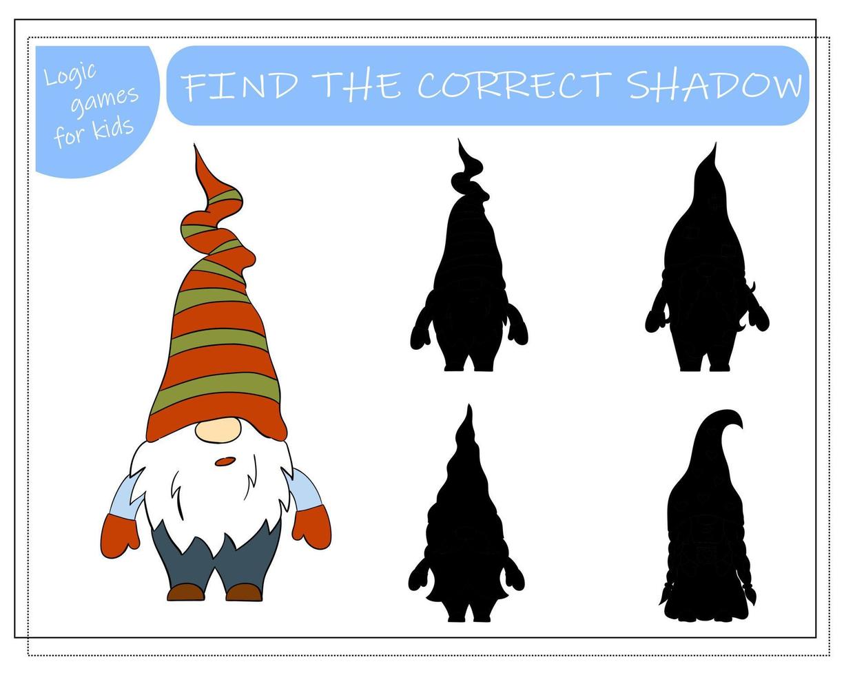 A puzzle game for kids, find the right shadow. Cartoon Christmas Gnome. vector