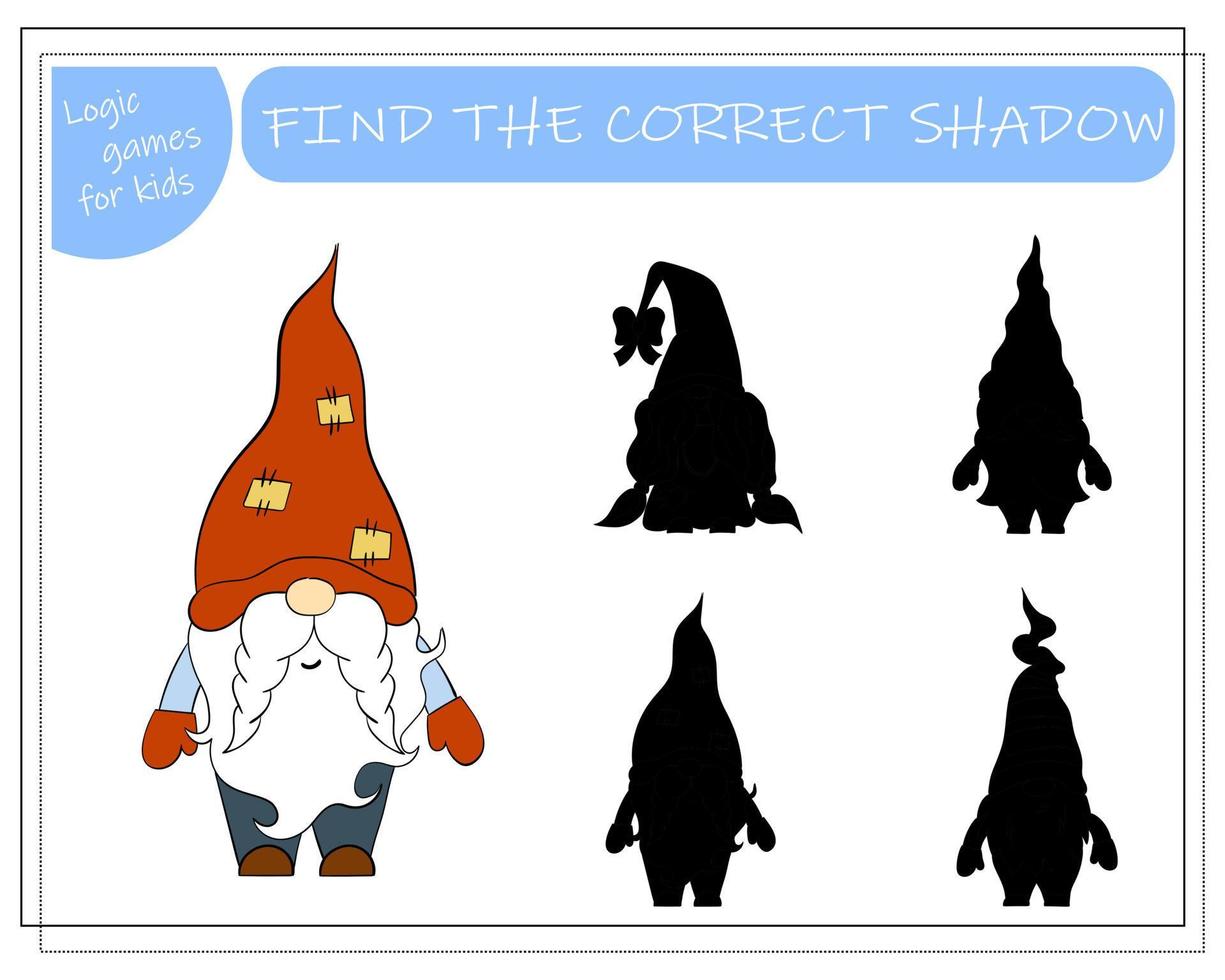 A puzzle game for kids, find the right shadow. Cartoon Christmas Gnome. vector