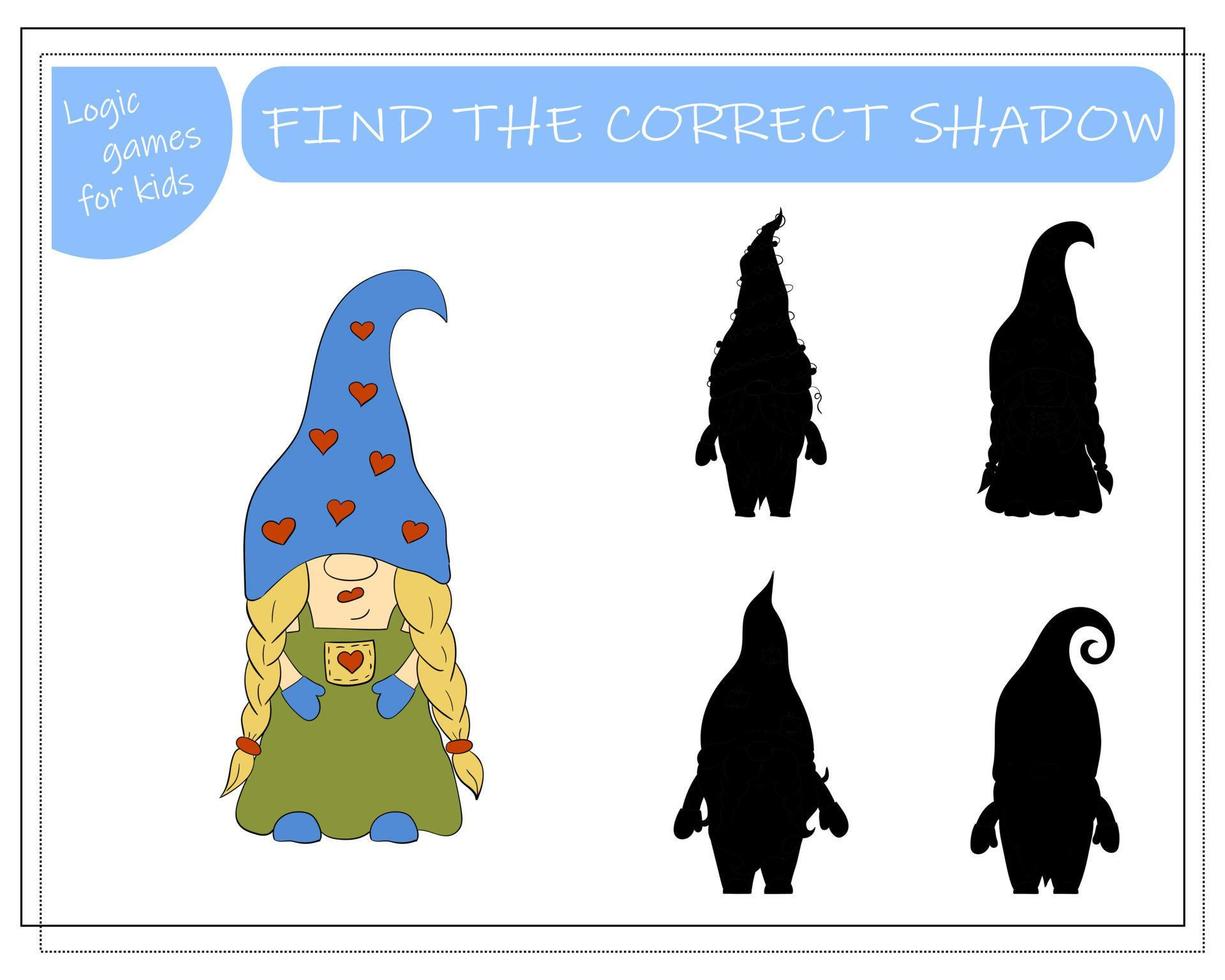 A puzzle game for kids, find the right shadow. Cartoon Christmas Gnome. vector