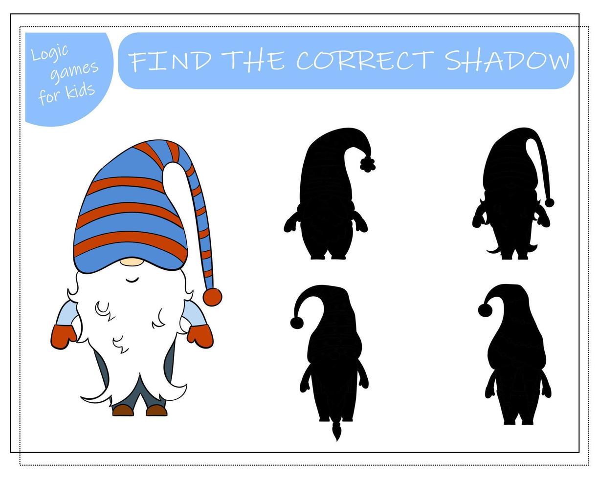 A puzzle game for kids, find the right shadow. Cartoon Christmas Gnome. vector