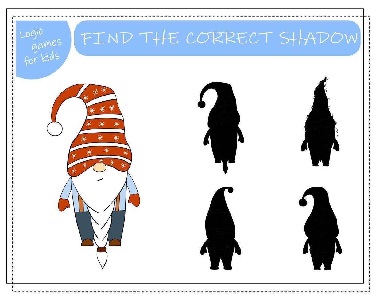 A puzzle game for kids, find the right shadow. Cartoon Christmas Gnome. vector