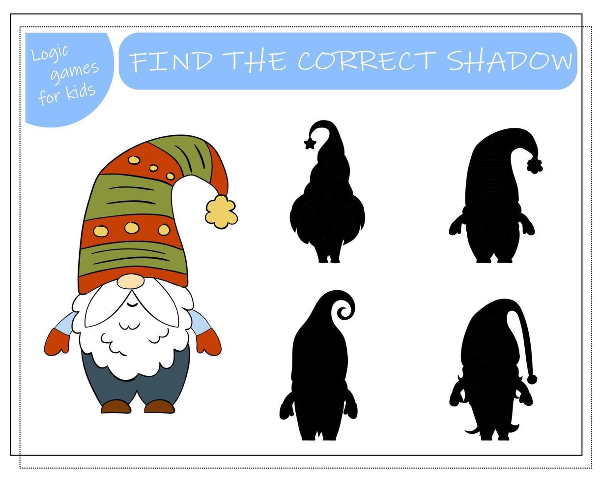 A puzzle game for kids, find the right shadow. Cartoon Christmas Gnome. vector