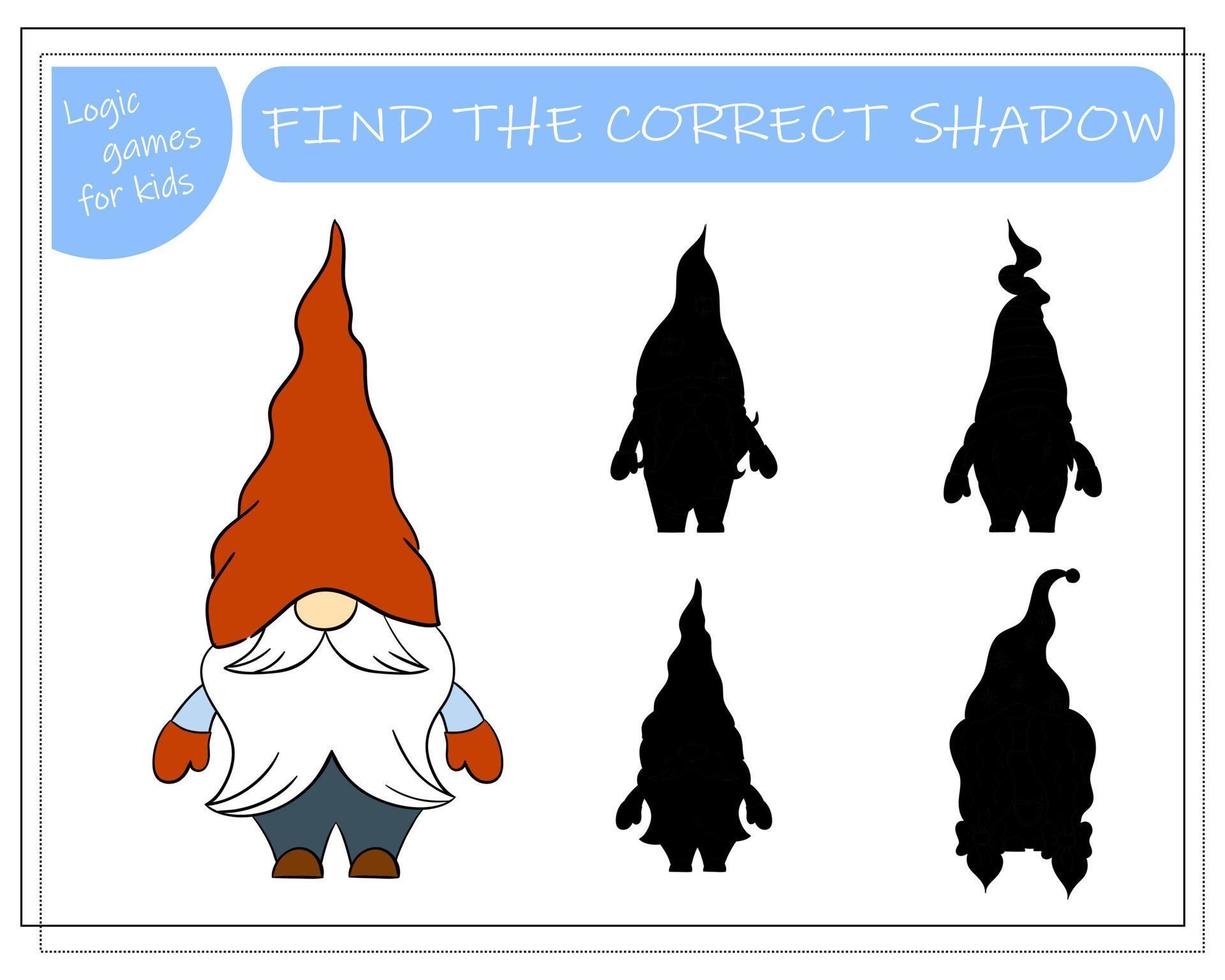 A puzzle game for kids, find the right shadow. Cartoon Christmas Gnome. vector