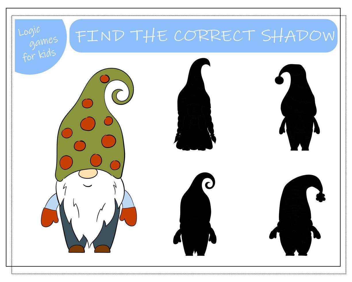 A puzzle game for kids, find the right shadow. Cartoon Christmas Gnome. vector