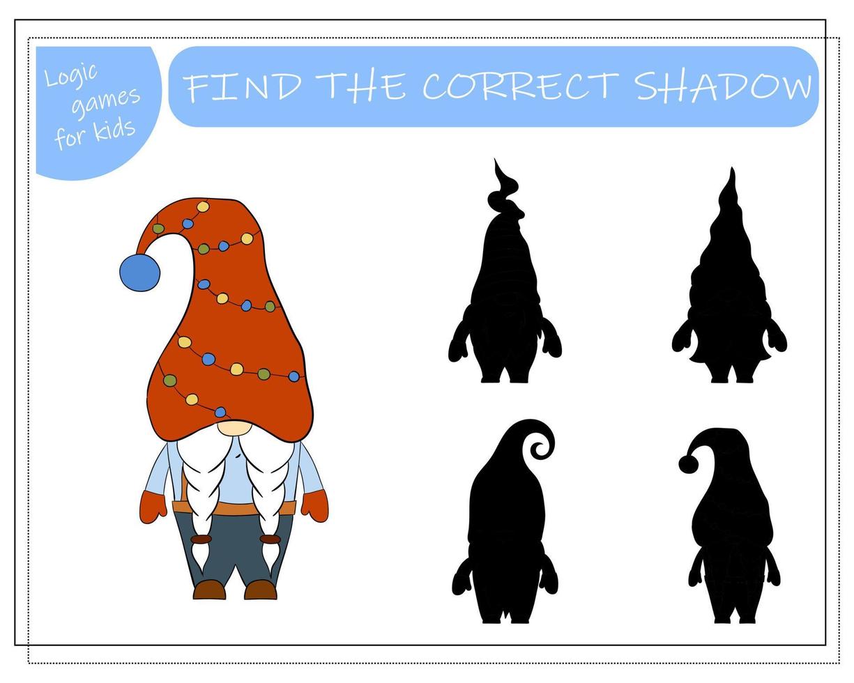 A puzzle game for kids, find the right shadow. Cartoon Christmas Gnome. vector